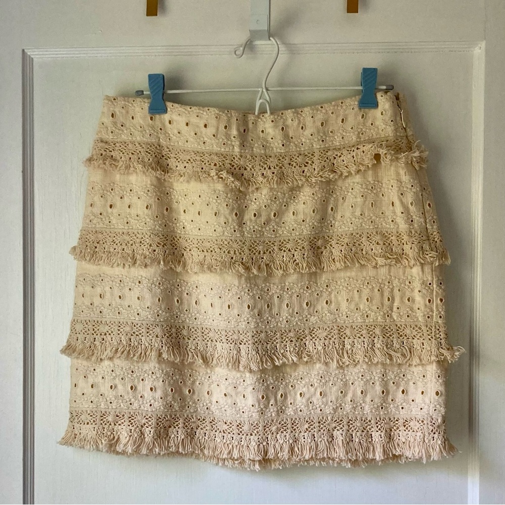 Anthropologie HD in Paris Fringe Eyelet Skirt in Cream Linen - Picture 3 of 7